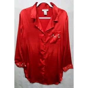 Morgan Taylor Intimates Embroidered Rose Red Satin Pajama Sleeping Shirt Sz Med.
